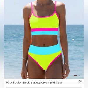 Popvil NWT colorblock Bralette Two Piece Swimsuit- Multicolor Neon (L)